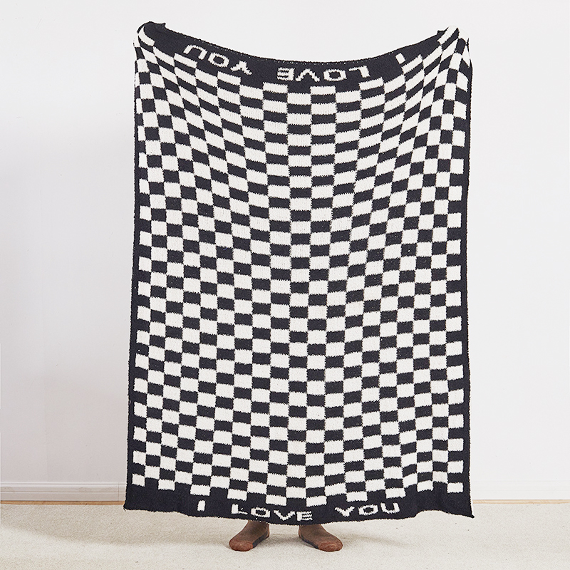 Black And White Knitted Throw Blanket with Fringes And Tassels Check/Chess/Grid/Houndstooth Patterns