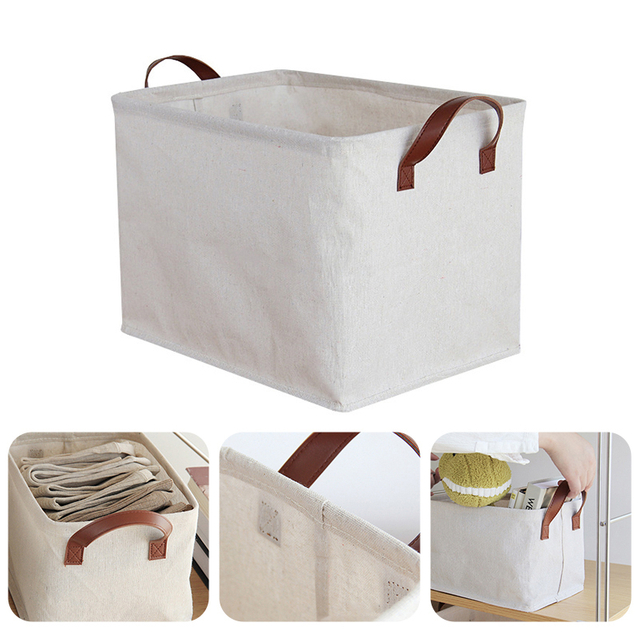 Savvydeco Linen Fabric Home Storage Basket With Leather Handle